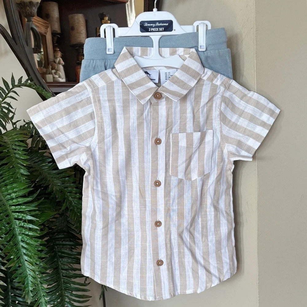 Brand New Tommy Bahama 2-Piece Set Striped Casual Button Down Shirt Cargo Shorts